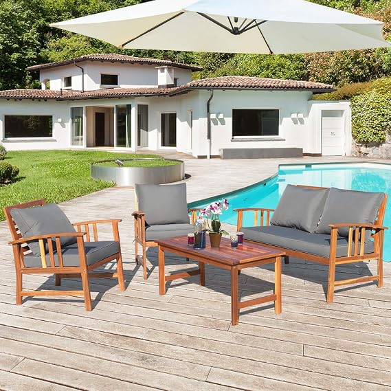 Tangkula 4 Pcs Wood Patio Furniture Set Outdoor Seating Chat Set With Gray Cushions Back Pillow Outdoor Conversation Set With Coffee Table Ideal For Garden Backyard Poolside Garden Outdoor Amazon Com