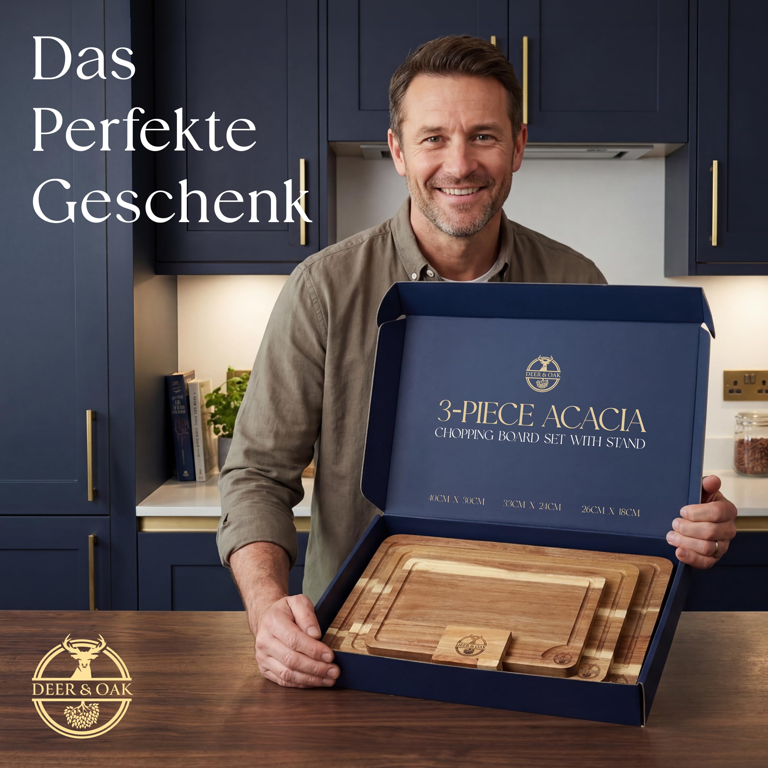 Deer & Oak 3-teiliges Akazien-Schneidebrett-Set mit Ständer, inklusive 250 ml Schneidebrettöl, FSC-zertifizierte, vorgeölte Schneidebretter aus Holz für Küchen, Hartholz-Küchenschneidebretter für 9