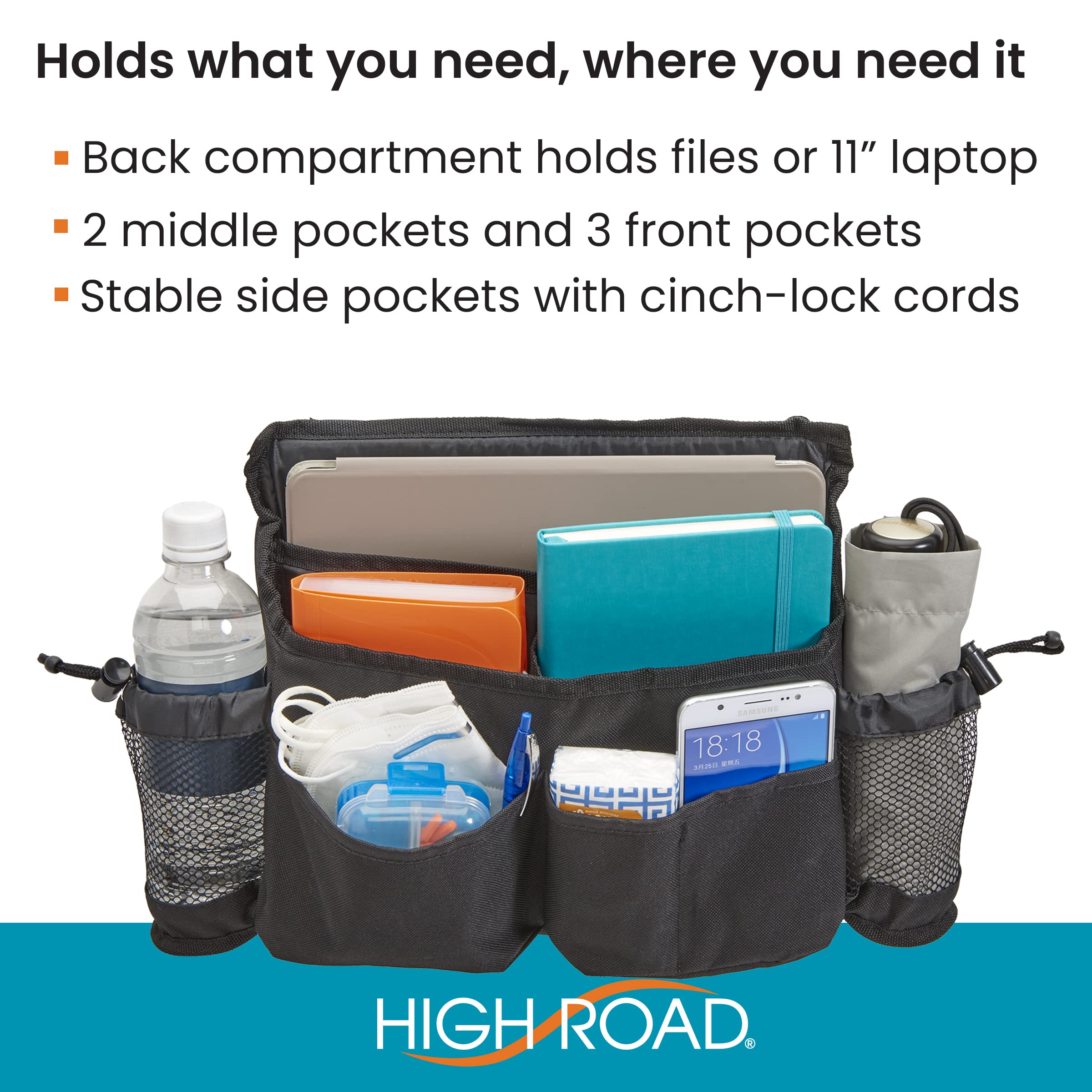 High Road Mobility Scooter Bag, Walker Caddy and Wheelchair Storage Bag - 8-Pocket Mobility Organizer with Bottle and Cup Holder for Wheelchairs, Walkers and Scooters