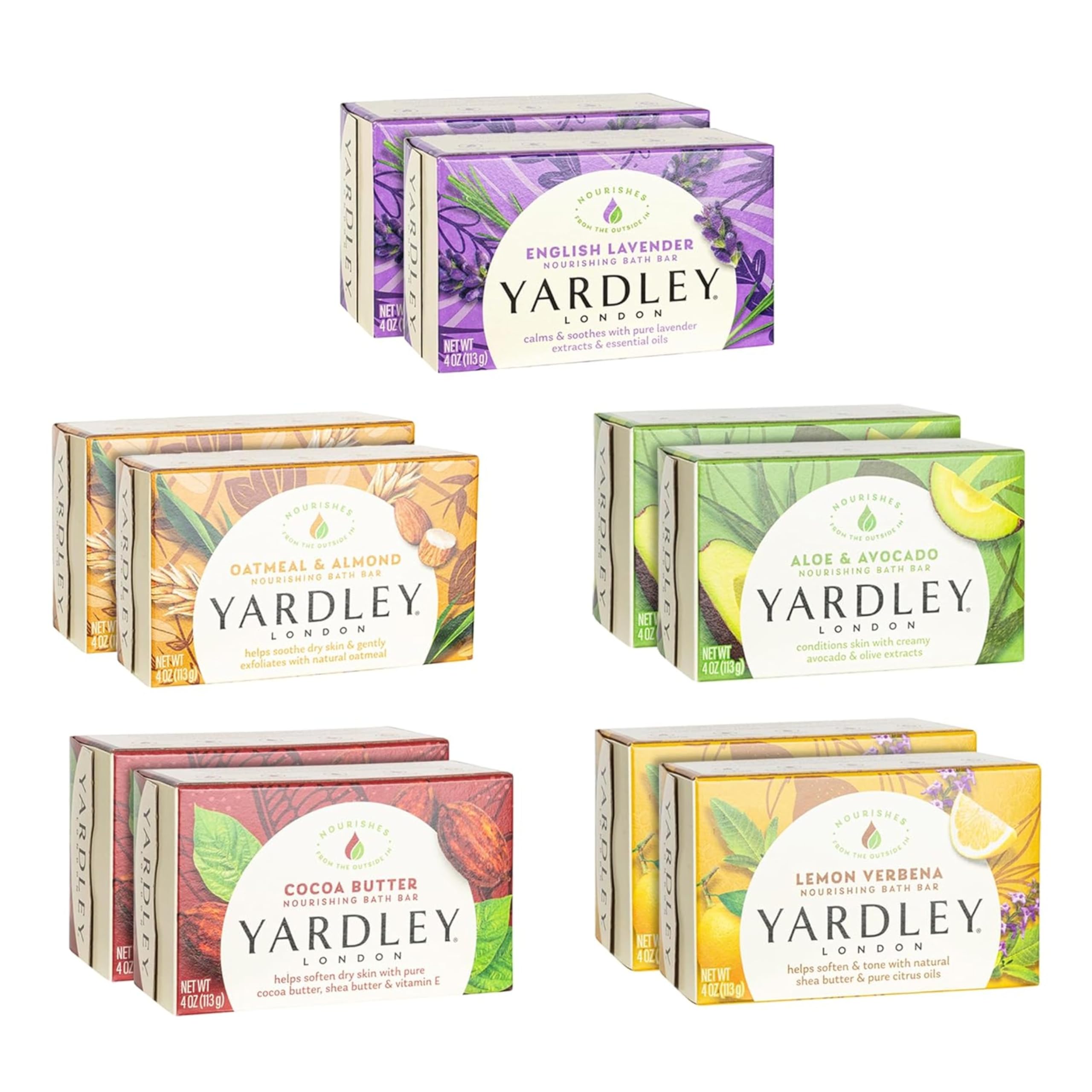 Yardley London Soap Bath Bar Bundle - 10 Bars: English Lavender, Oatmeal and Almond, Aloe and Avocado, Cocoa Butter, Lemon Verbena 4 Ounce Bars (Pack of 10, Two of each)