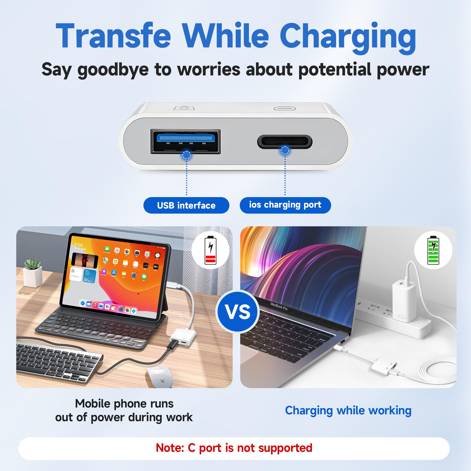 [Apple MFi Certified] Lightning to USB Camera Adapter with Charging Port, Portable USB3.0 Female OTG Cable Adapter for Select iPhone, iPad Models, Support Card Reader, USB Flash Drive, Keyboard, Mice