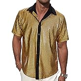 Century Star 70s 80s Disco Outfits Shirt for Men-Vintage Metallic Button Up Party Shirts