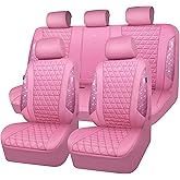 CAR PASS Bling Diamond Pink Leather Car Seat Covers Full Sets Interior Sets, Waterproof Shining Glitter Sparkly Crystal Universal Armrest Fit for Automotive Truck SUV Cute Women Girl, Pink Rhinestone