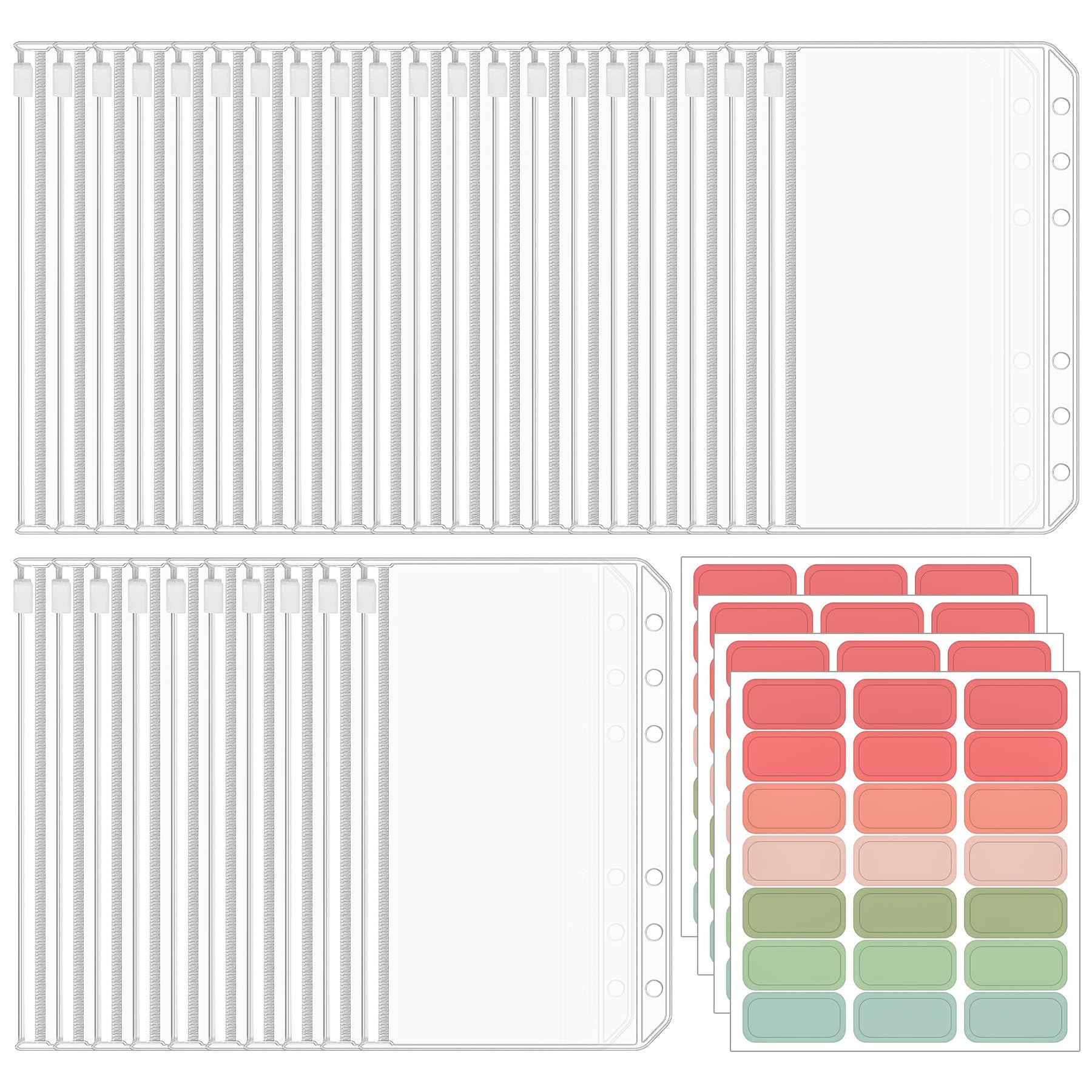 30PCS Cash Envelopes, A6 Pockets with Label Stickers for Money Saving, 6 Holes Waterproof Zipper Bags for Documents and Cards, Budget Binders and Cash Organization