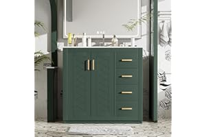THINK 30 36 inch Green Bathroom Vanity with Sink and Countertop,Solid Wood Frame Bathroom Cabinet with Sink,Modern Sink Storage Cabinet with 3 Drawers & Soft Closing Doors,Gold Handles(Left Side Doors)-04
