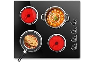 24 Inch Electric Cooktop, Nefaracy 6000W Electric Stove with 4 Burner, Built-in Radiant Electrical Cooktop with Knob Control, 9 Power Levels, Overheat Protection & Hot Warning, 220V Hard Wire