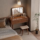 DONGMUWUJEE Solid Wood Small Makeup Vanity Desk Mirror with Lights,Walnut | No MDF and Vanity Stool, Easy Assemble, 3 Colors Light Dimmable Mirror, Mid Century Modern, dressing table for Bedroom