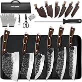 MDHAND Butcher Knife Set, Serbian Chef Knife Set with Roll Bag Gift for Men | Hand Forged Full Tang 18PCS Kitchen Knife Set, Ebony Handle, High Carbon Steel Meat Cleaver for Brisket Trimming, Camping BBQ