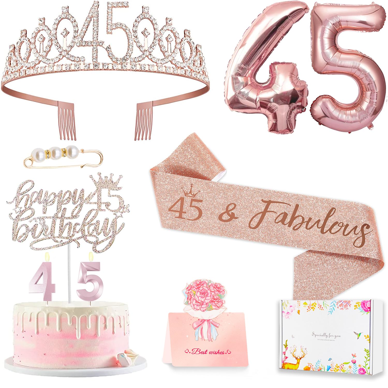 Photo 1 of 45th Birthday Gifts Decorations for Women, Including 45 year old Cake Topper, Birthday Queen Sash with Pearl Pin, Sweet Rhinestone Tiara Crown, Number Candles and Balloons Set, Rose Gold