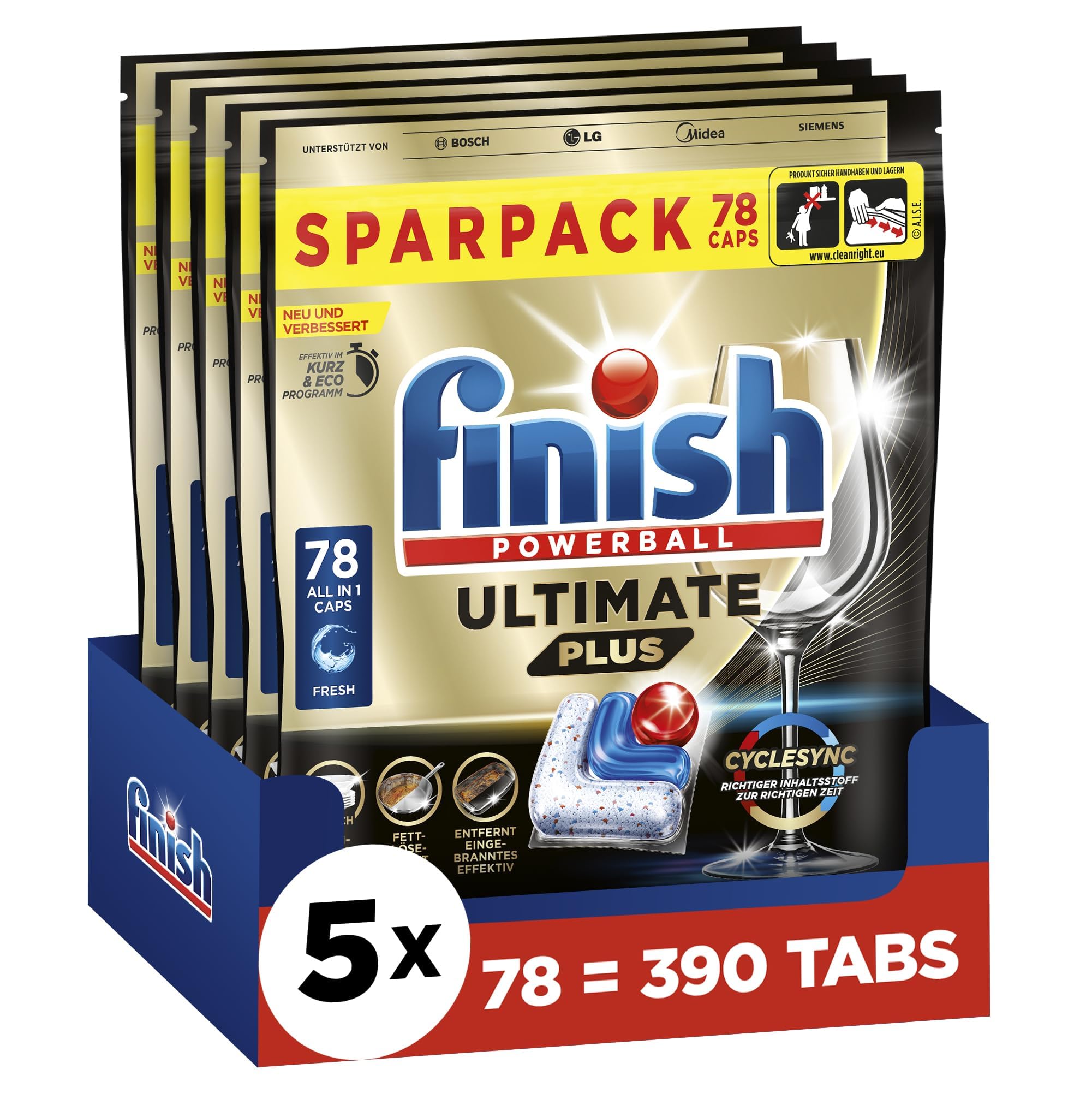 Finish Ultimate Plus Fresh Spülmaschinentabs - Geschirrspültabs für intenive Reinigung, Fettlösekraft und Glanz - Sparpack mit 390 Tabs (5 x 78 Tabs)