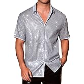 Lars Amadeus Sequins Shirts for Men's 70s Disco Retro Button Down Party Glitter Shirt