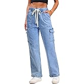SESERAGI Cargo Jeans for Women Stretchy Baggy Wide Leg Drawstring Work Denim Pants with 6 Pockets Trousers