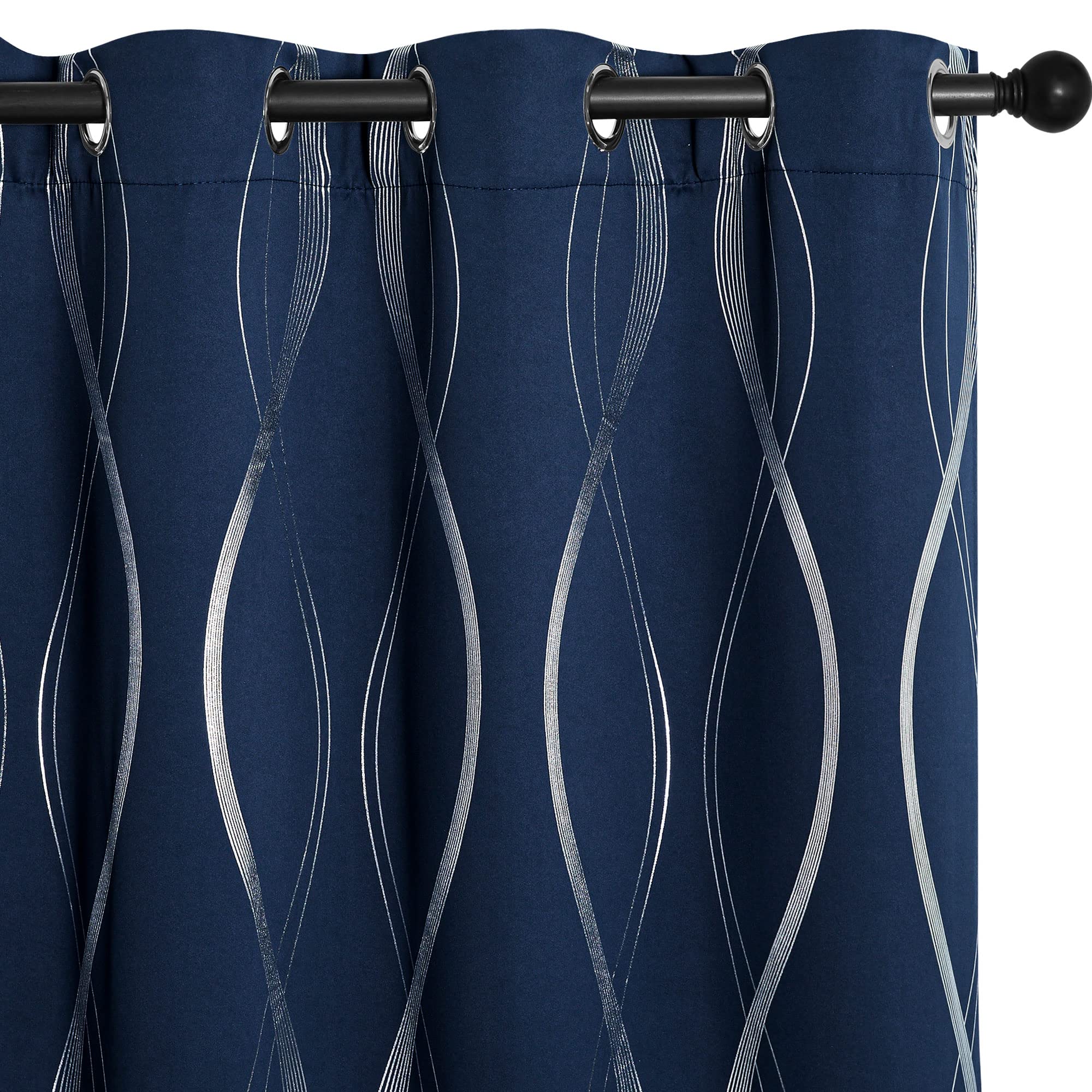 NICETOWN Navy Blue Blackout Curtains Panels for Bedroom, Microfiber Noise Reducing Thermal Insulated Wave Line Foil Print Design Blackout Curtains for Office, Classroom (2 Panels, 52 x 45 Inch)
