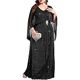 TIARALY Women's Plus Size Glitter Evening Dress Long Cape V-Neck Formal Gowns Mother of The Bride Wedding Guest Dresses