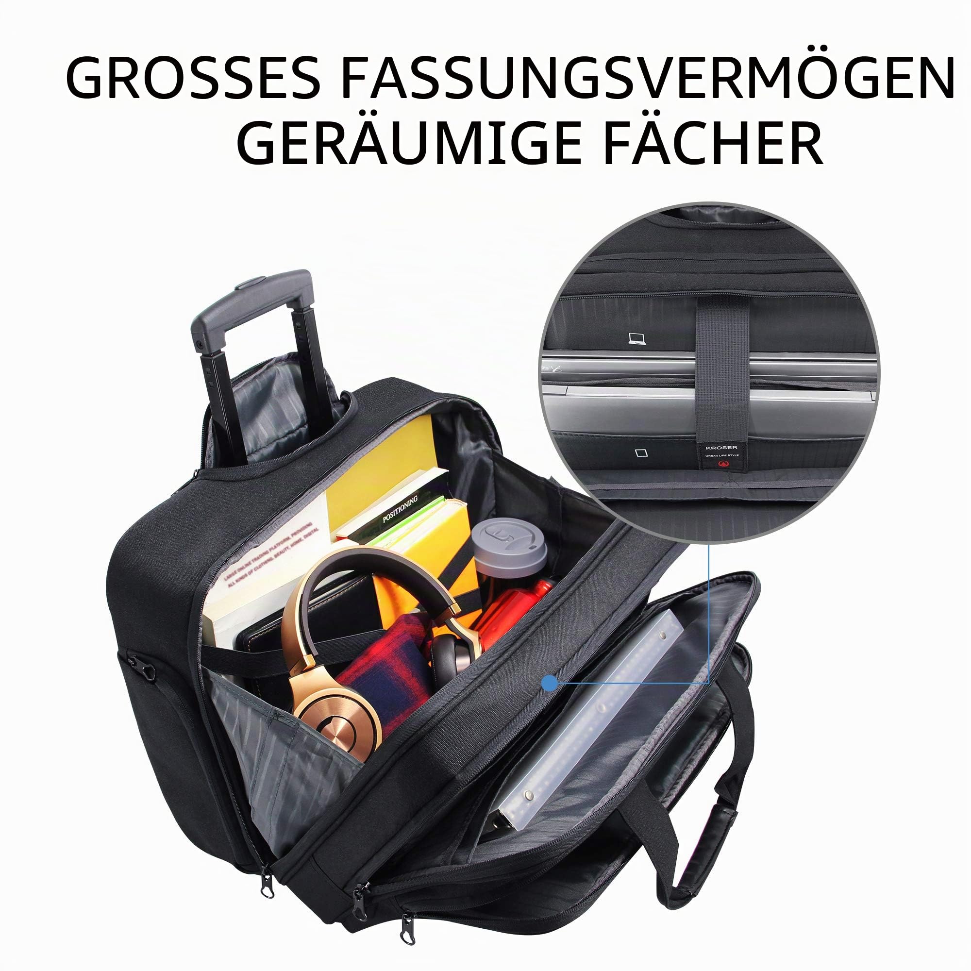 KROSER Trolley Business, Handgepäck Koffer, Rolling Case mit Rädern Bis zu 17,3 Zoll Laptop wasserdichte Übernacht-Rolltasche mit RFID-Taschen für Reisen/Schule/Männer/Frauen-Schwarz MEHRWEG 3