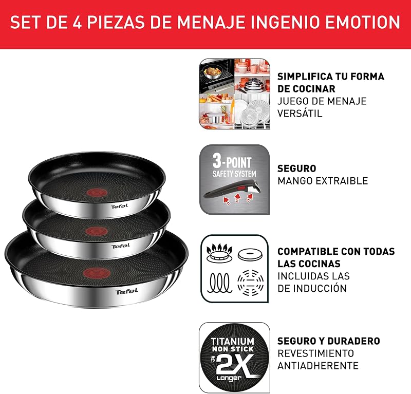 Ingenio Emotion - Juego de 3 Sartenes, Acero inoxidable