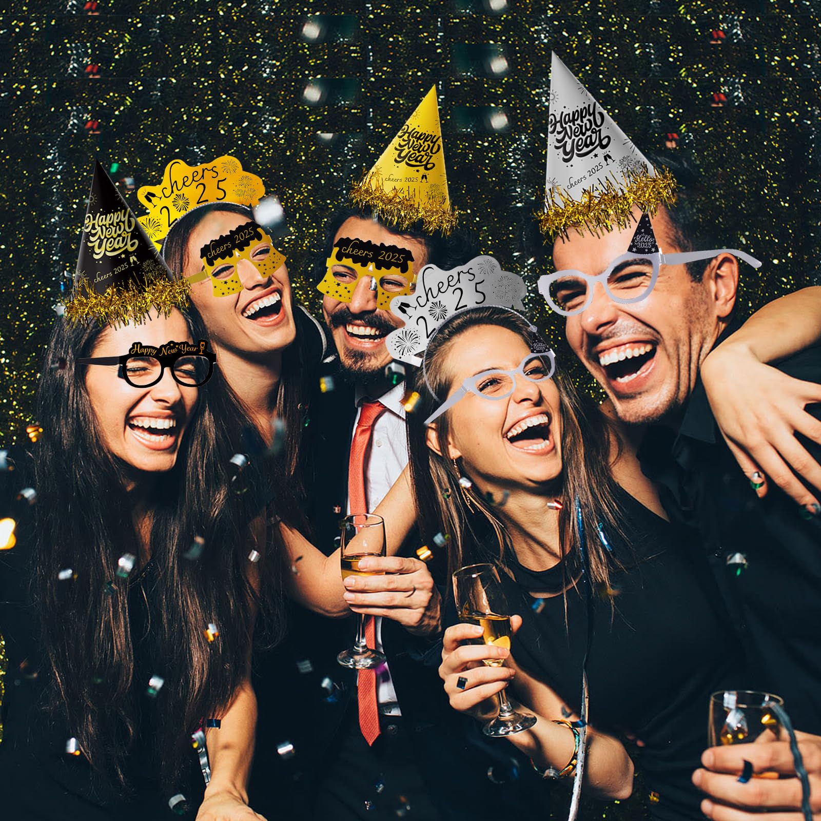 New Years Eve Party Supplies 2026-73 PCS Happy New Years Decorations-Party Favors Includes Hats, Banner, Glasses, Tiaras, Squawkers Blowers, Balloons, Fringe Curtain Accessories Nye Decorations 2026