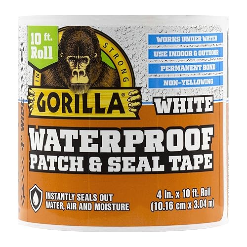 Gorilla Waterproof Patch & Seal Tape, White Tape, 4" x 10' (Pack of 1) - Permanent Weather Resistant Seal for Leaks and Repairs