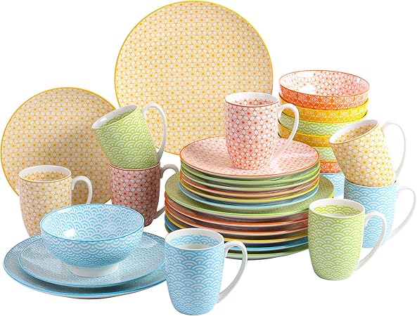 Vancasso Natsuki Dinnerware Set 32 Pieces Japanese Style Porcelain Multi Colour Crockery Dinner Set With 10 6 Dinner Plate 8 5 Dessert Plate 6 Bowl And 13 Ounce Mug Service For 8 Amazon Co Uk Kitchen