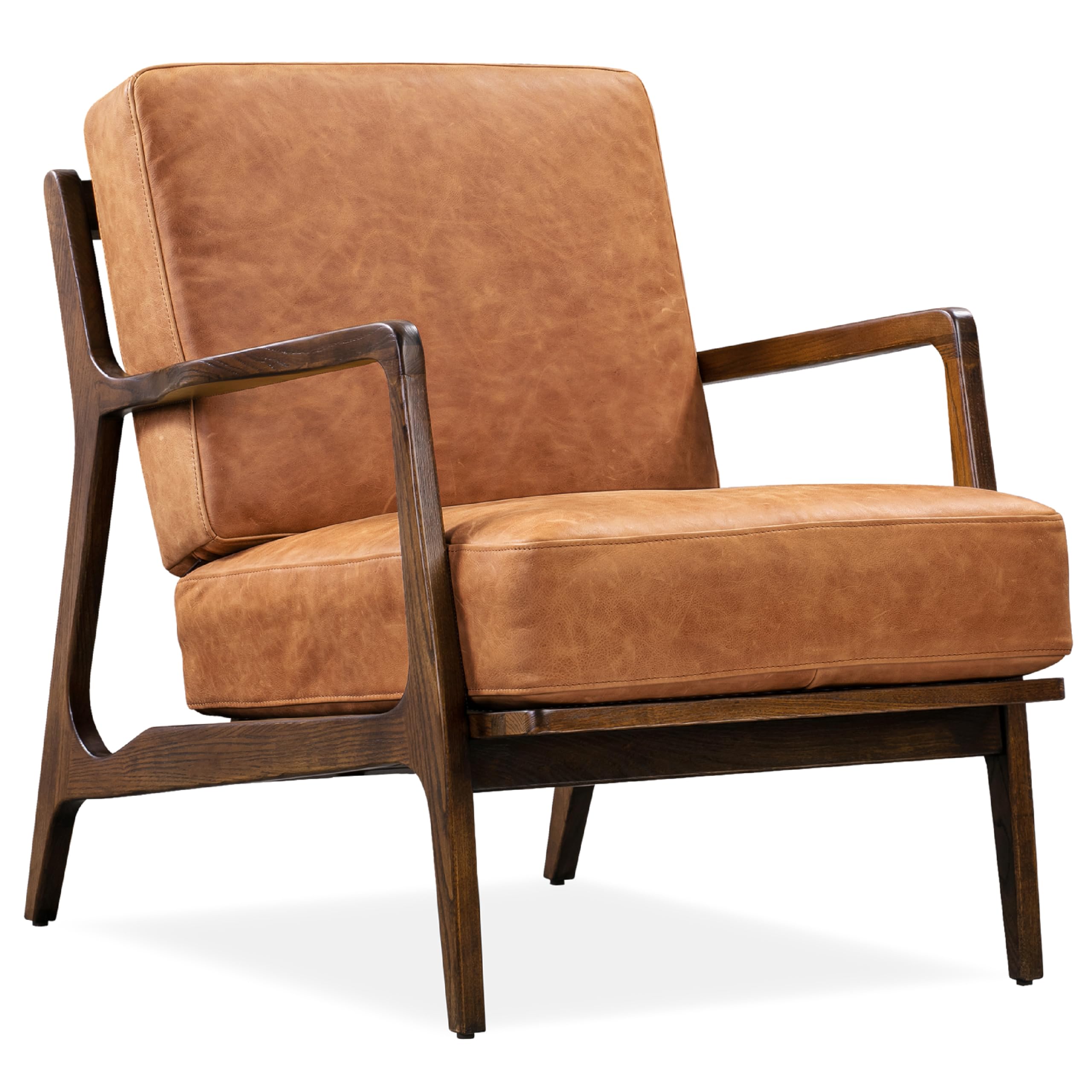 Photo 1 of POLY & BARK Verity Leather Accent Chair – Armchair with Walnut Wood Frame – Fashion-Forward Lounge Seating for Living Room – Upholstered in Cognac Tan Leather for Modern Style