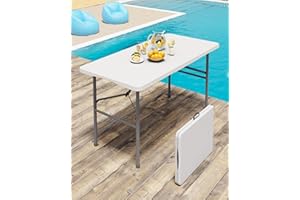 Linkriseed 4FT White Folding Table for Outdoor, 4 Foot Picnic Tables No Assembly Required Portable, White Foldable Table for Camping, Parties, Meeting, Events, Wedding, BBQ, with Carrying Handle