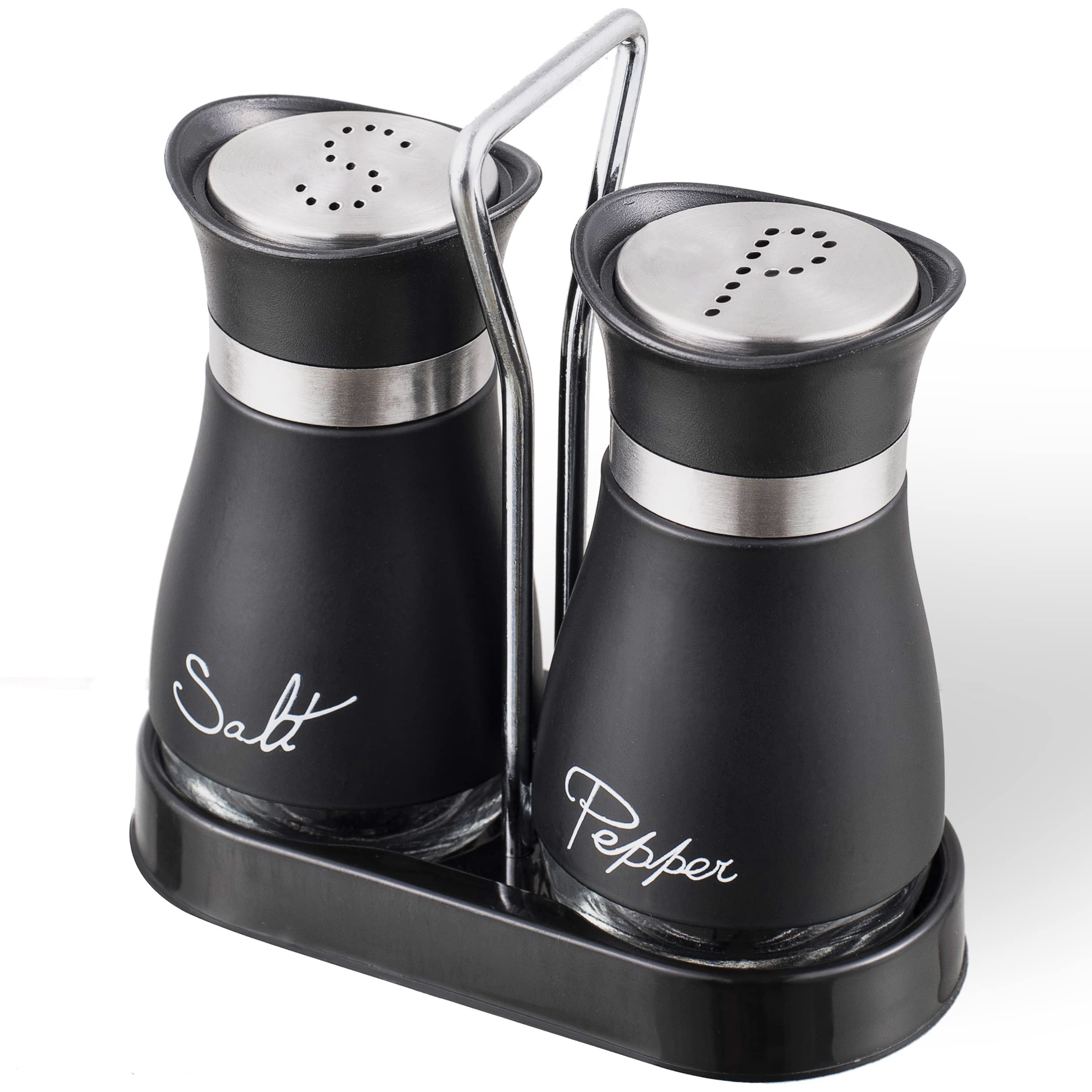 Lonffery Salt and Pepper Shakers Set, Stainless Steel with Glass Bottle for Table, RV, Camp, BBQ, Set of 2, Black