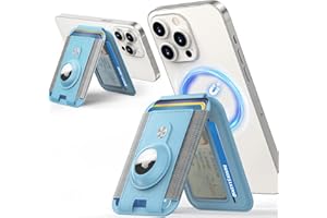 Amzone Mag-Safe with AirTag Holder,Magnetic with Adjustable Stand, Mag-Safe Phone for iPhone 15/14/13/12 Series,7 Card Slots,Vegan Leather (Light Blue)