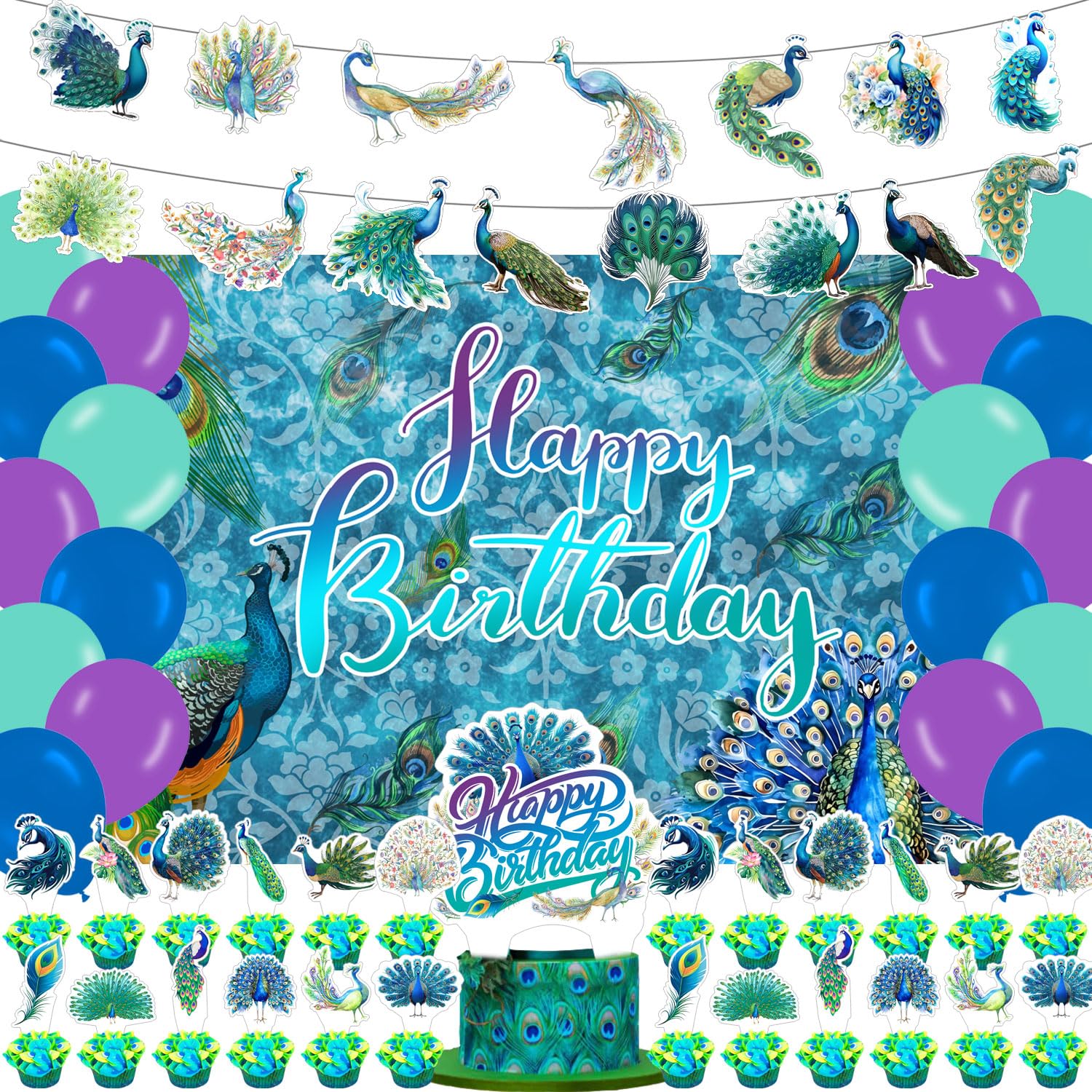Photo 1 of 59 Pcs Peacock Birthday Party Supplies, Colorful Peacock Animal Themed Party Decoration Backdrop Balloons Cake Cupcake Topper for Zoo Bird Themed Party Decor
