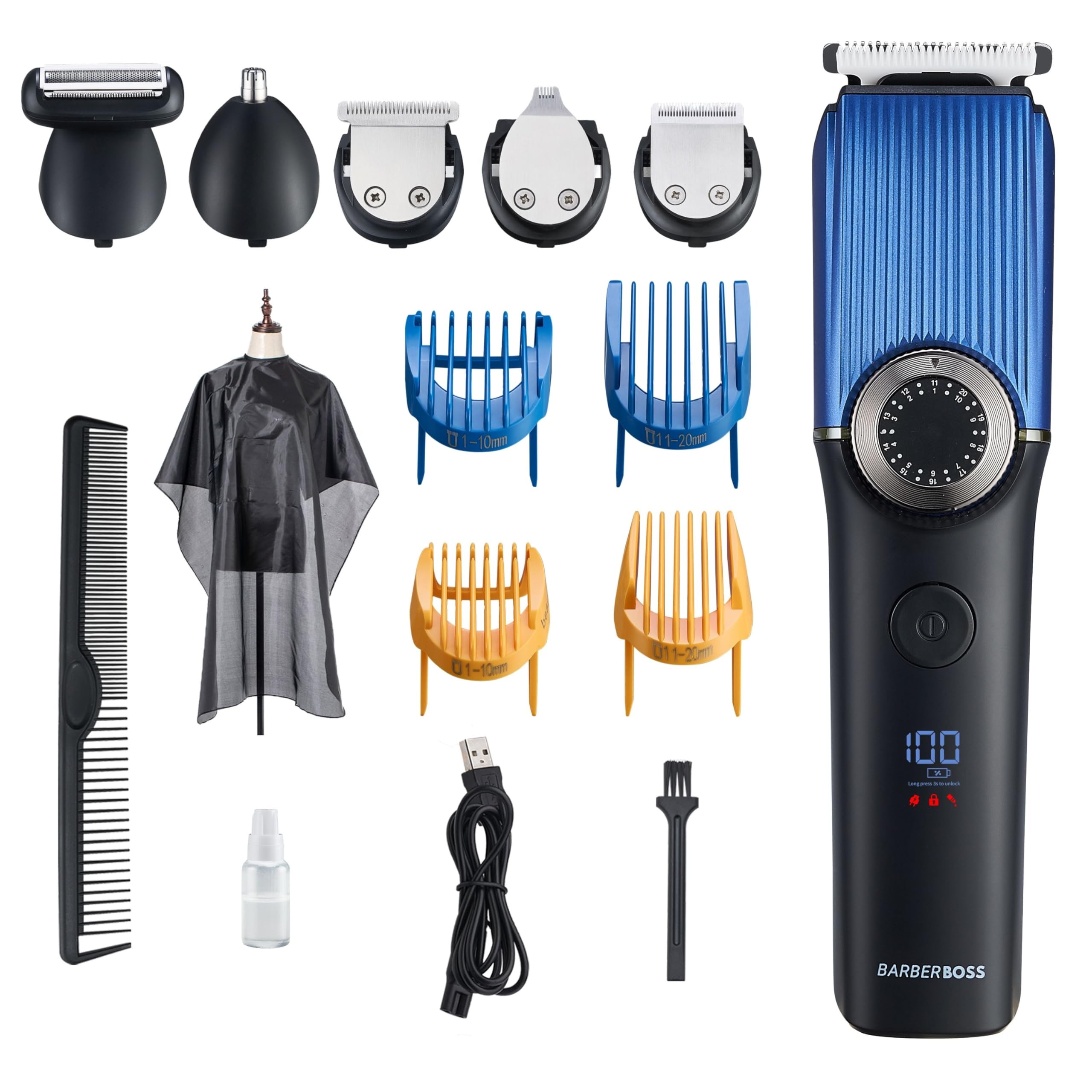 BarberBoss Men's Grooming Kit – Cordless Beard Trimmer, Hair Clippers, Nose & Ear Trimmer, All-in-One Face and Haircut Set