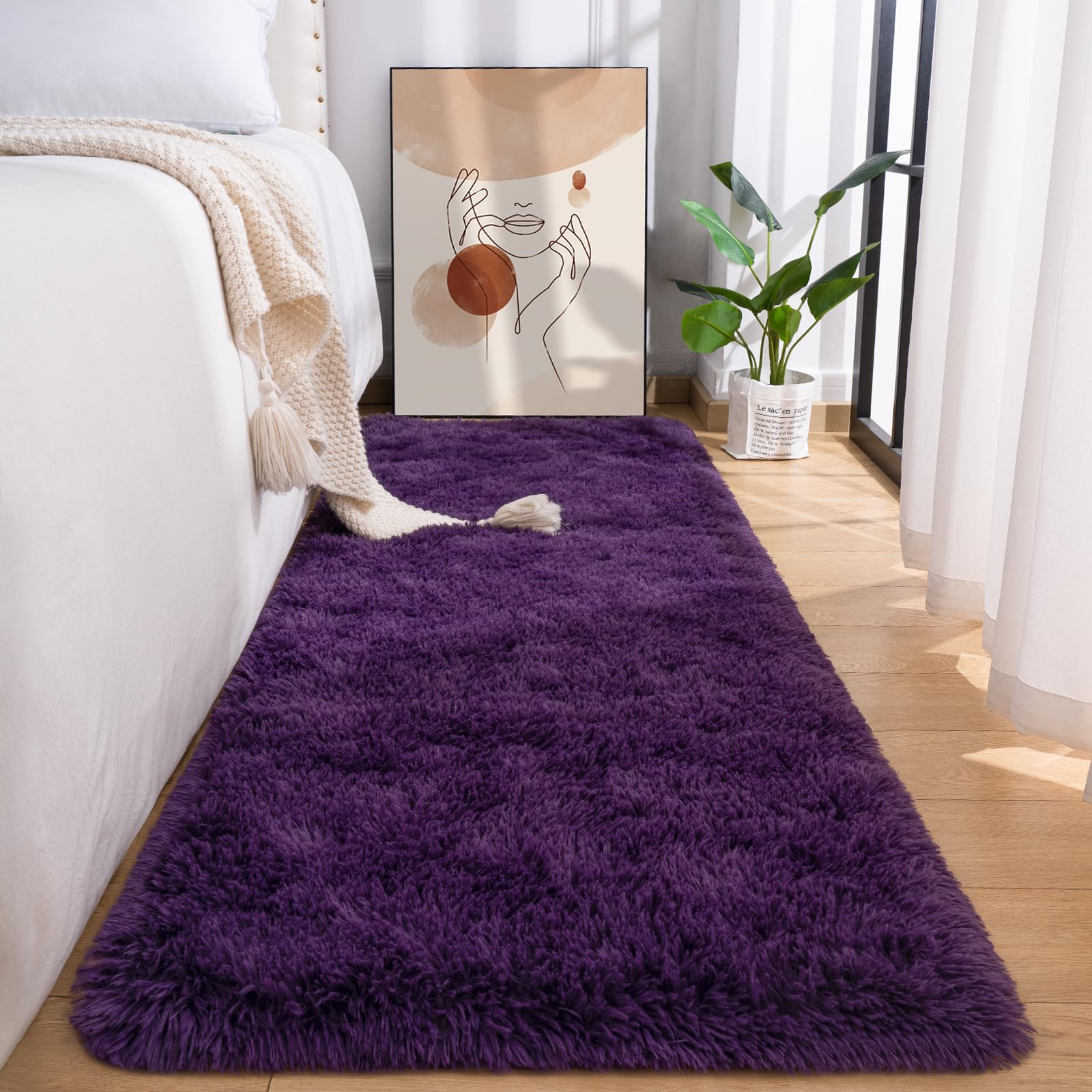 Photo 1 of Przemy Fluffy Runner Rug for Bedroom Living Room, 2x6 Feet Dark Purple Shag Area Rugs, Soft Fuzzy Carpet for Bedside Nursery Kids Room College Dorm, Plush Throw Rug for Home Decor