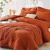 HYMOKEGE Burnt Orange Full Size Comforter Sets Seersucker 7 Pieces, All Season Luxury Bed in a Bag for Bedroom, Bedding Set with Comforters, Sheets, Pillowcases & Shams