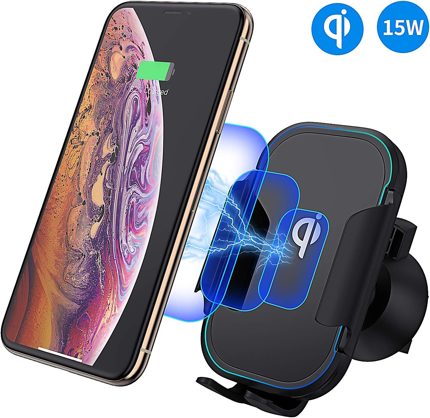 COULAX Wireless Car Charger，15W Fast Qi Wireless Car Charger Wireless Car Phone Holder Gravity Sensor 360°Rotation Compatible with iPhone XR/XS Max/XS/X/8+, Samsung Galaxy S10/S10+/S9/S9+/S8/S8+