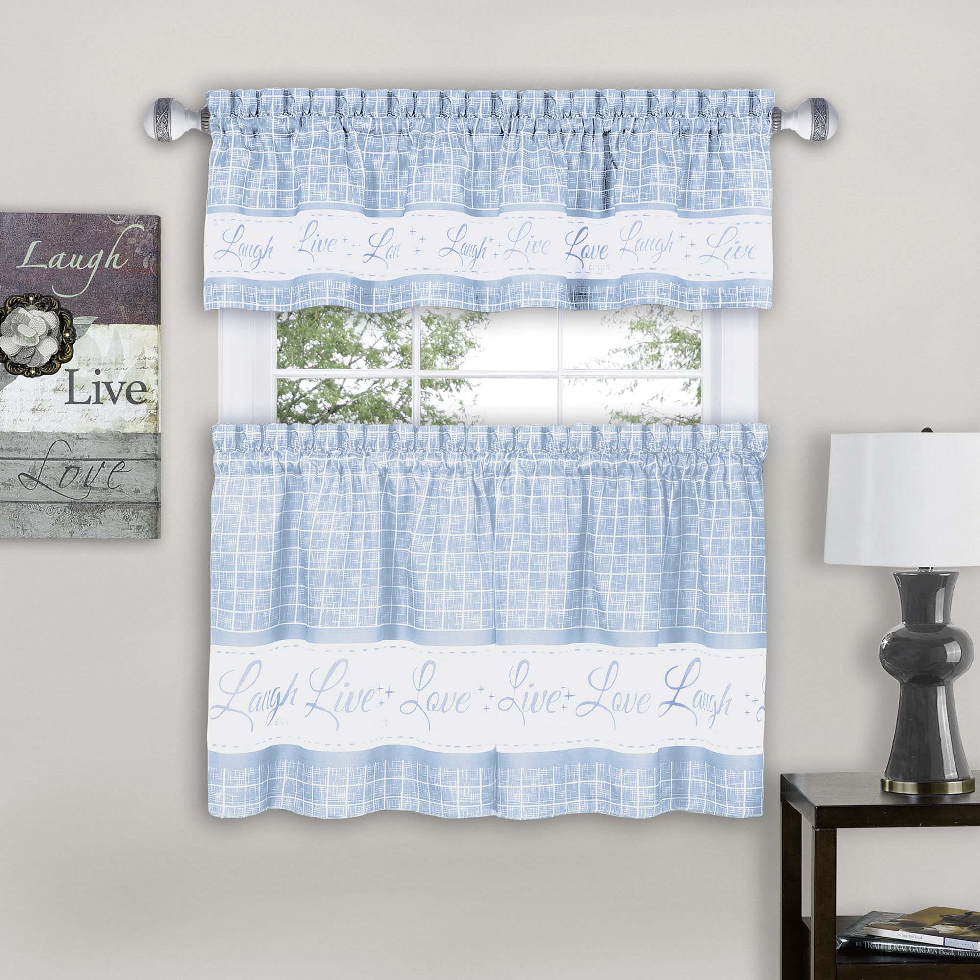 Tier and Valance Window Curtain Set - 58 Inch Width, 24 Inch Length - Live, Love, Laugh (Light Blue) - Light Filtering Drapes for Kitchen, Bedroom, Living & Dining Room by Achim Home Decor