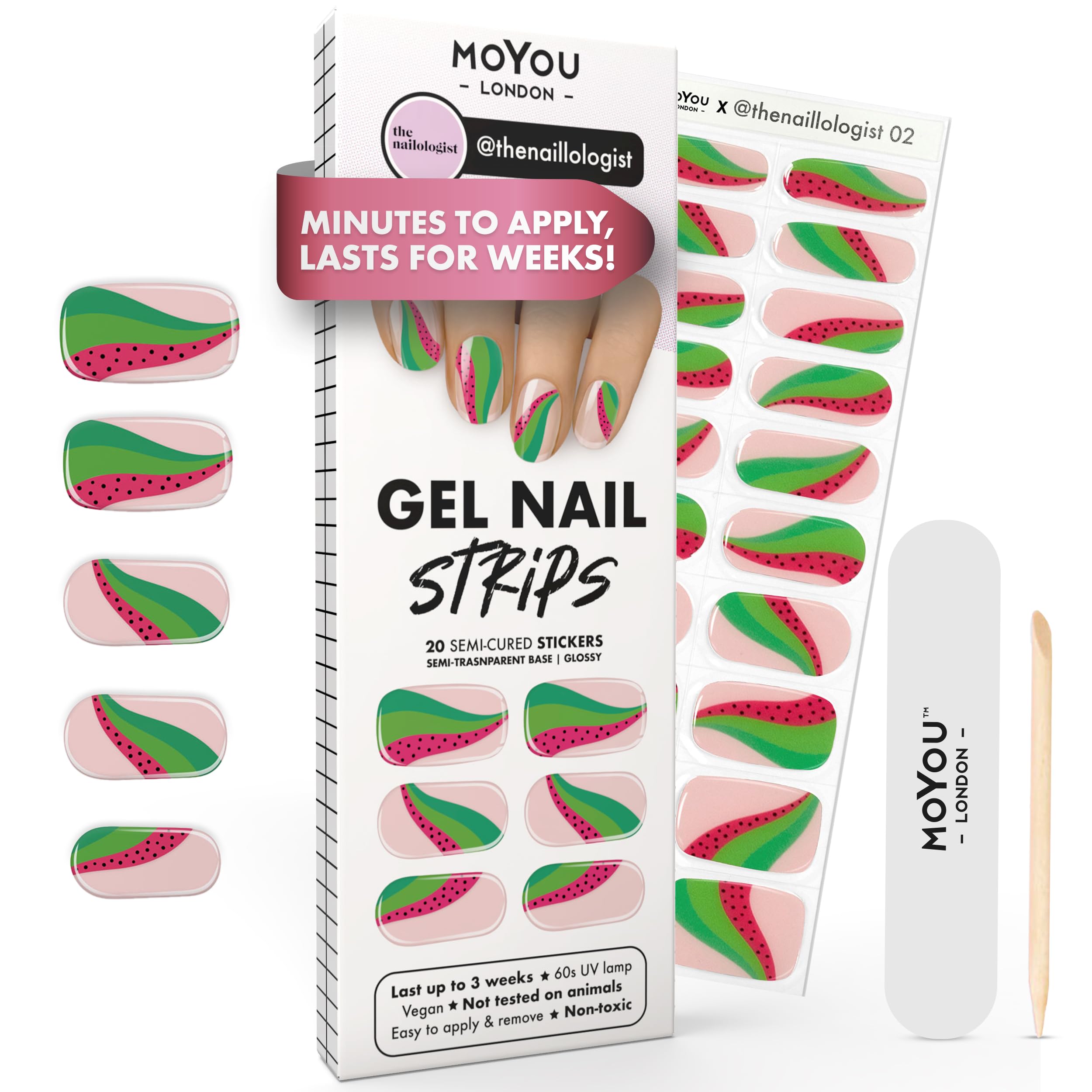 MOYOU LONDON Semi Cured Gel Nail Strips - 20 Pcs. Waterproof Gel Nail Wraps, Cures in Sunlight or UV/LED Lamp, Lasts Up to 2+ Weeks, Stretchable, Easy to Apply & Remove, Vegan & Cruelty-Free
