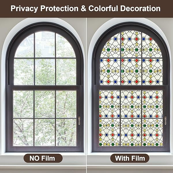 3D STAINED GLASS WINDOW FILM, DECORATIVE WINDOW PRIVACY FILM FOR BATHROOM,FRONT DOOR,HOME, SUN BLOCKING HEAT CONTROL,STATIC CLING,JEWELS, 23.6INCH X 35.4INCH