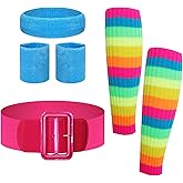 Women 80s Workout Costume Set Rainbow Neon Leg Warmers Pink Belt Blue Headband Wristband Accessories for Halloween Mardi Gras