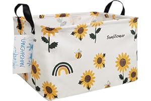 LANGYASHAN Rectangular Storage Bin Collapse Canvas Fabric Cartoon Storage Basket with Handles for Organizing Home Kitchen Boys and Girls Toys Office Closet Shelf Baskets(Rec Sunflower)