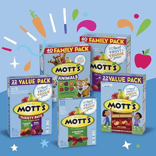 MOTT’S FRUIT FLAVORED SNACKS, ASSORTED FRUIT, GLUTEN FREE SNACK, FAMILY PACK, 40 CT, 32 OZ