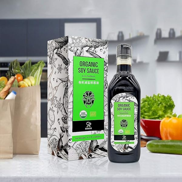 SOEOS SOY SAUCE LOW SODIUM, 16.2OZ (480ML) 1 PACK, USDA ORGANIC SOY SAUCE, PREMIUM QUALITY DARK SOY SAUCE, PURE INGREDIENTS, MARINADE FOR MEAT & VEGETABLES, BLACK