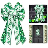 St. Patricks Day Bow for Wreath Decorations,St. Patricks Day Tree Topper Bows,Large Burlap White Green Glitter Shamrock Bowknot Irish Holiday Crafts Bows for Front Door Outdoor Outside B