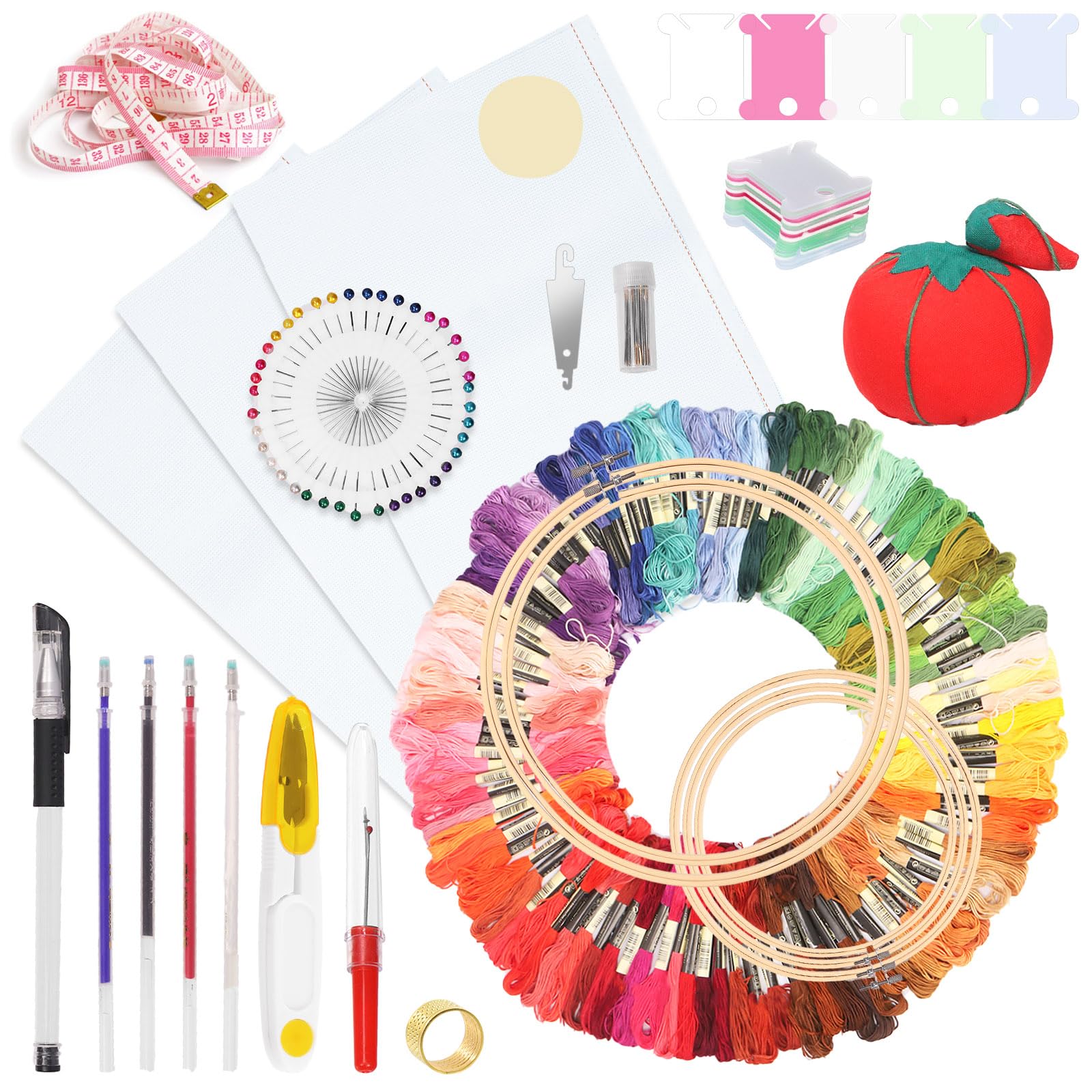 Keadic 142Pcs Embroidery Kit with Instructions Contains 100 Colors Threads, Embroidery Hoops, Sewing Pins, Floss Bobbins and Cross Stitch Tools, Hand Embroidery Starter Kit for Adults Beginners