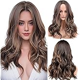 Vieuinaux Brown Mixed Ash Blonde Long Wigs for Women,20inch Wave Curly Middle Part Synthetic Hair Wig Daily with layered