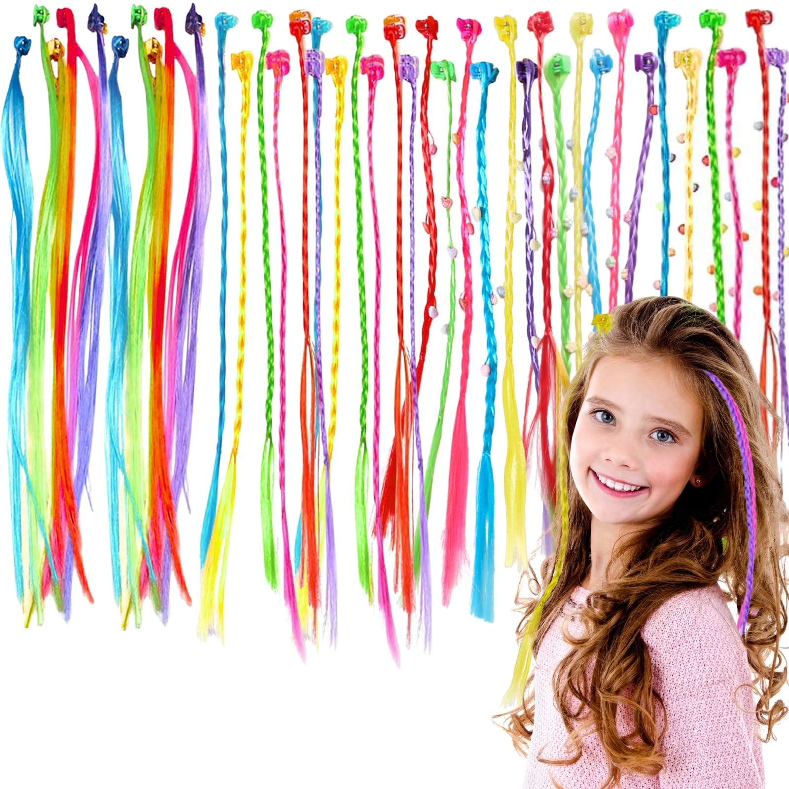 LUFFLOK 42 PCS Coloured Hair Extensions with Hair Clips, Hair Braiding Kit for Girls and Children, Hair Styling Accessories Set, Teenage Girls Hairbraids Extensions for Party and Performance