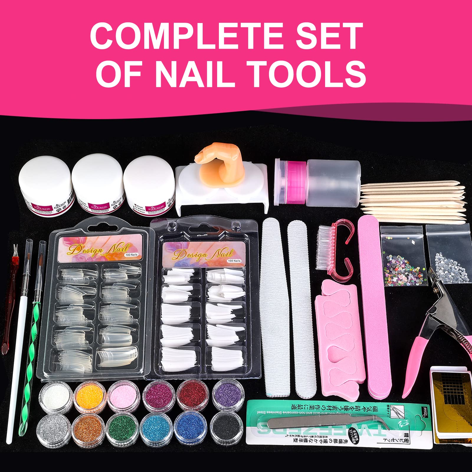 Professional Nail Kit - 12 Glitter Acrylic Powder, Tips, Decoration, DIY Nail Art Tools & Supplies for Beginners - Image 5
