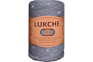 Lukche 2mm Cotton Sparkle Macrame Cord 224 Yards, 8.80 Oz, Colorful Crochet Macrame Cord for Wall Hangings, Bags, Plant Holders, Carpets, Polypropylene Supplies (Silver Smoked)
