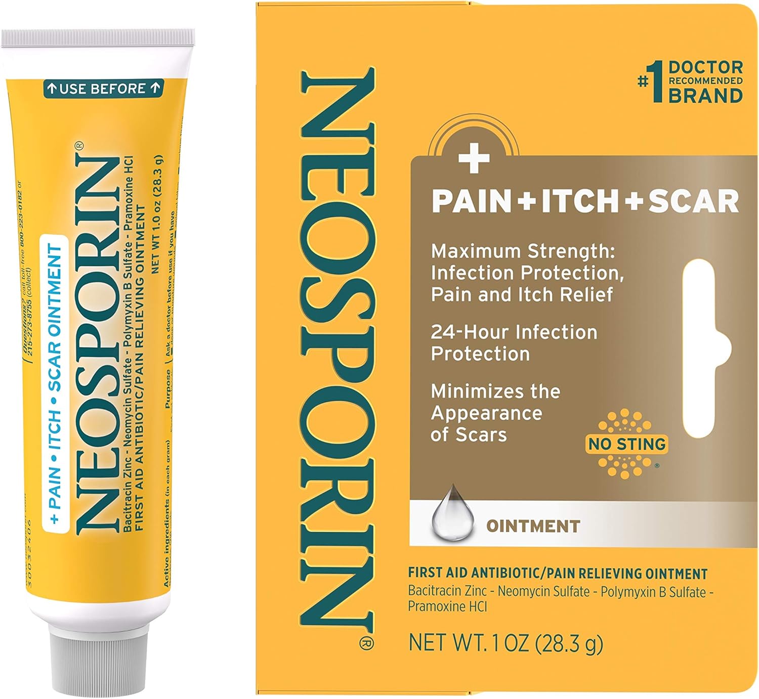 Neosporin Antibiotic Pain-Relieving, Anti-Itch, & Scar Appearance Minimizer First Aid Ointment with Neomycin, Bacitracin, Pramoxine HCl & Polymyxin B, Minor Cuts, Scrapes & Burns, 1 oz: Health & Personal Care
