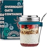 OATOLOGY Overnight Oats Jar with Spoon & Stainless Steel Lid - 16oz Leakproof Glass Oatmeal Container for Meal Prep & Yogurt - Easy to Clean Breakfast Cup with Measurement Markings On-the-Go - 1 Pack
