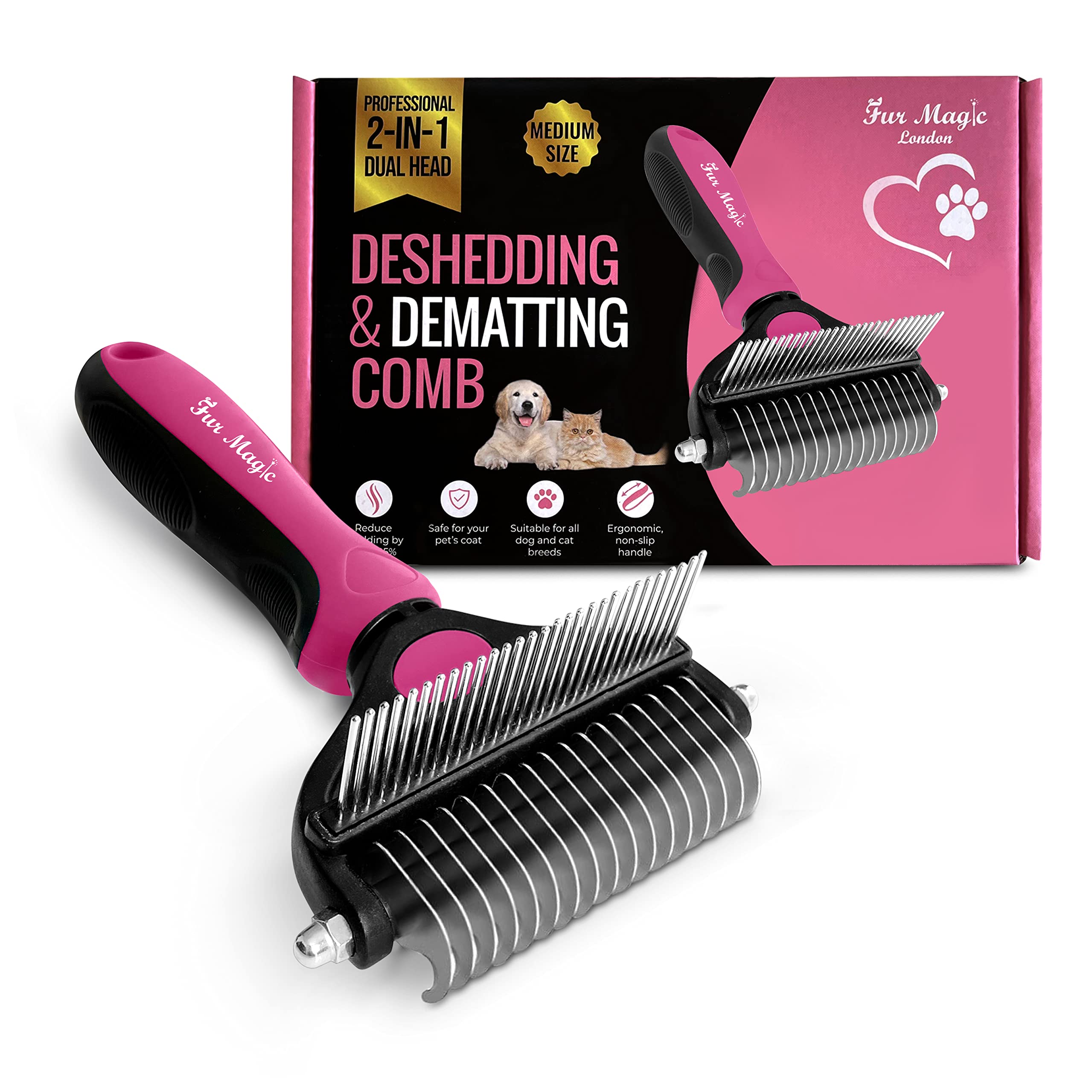 Fur Magic Deshedding and Dematting Comb Double Sided Undercoat Rake Pet Grooming Brush Removing Mats, Knots & Tangles for Dogs and Cats with Long and Medium Hair, Pink