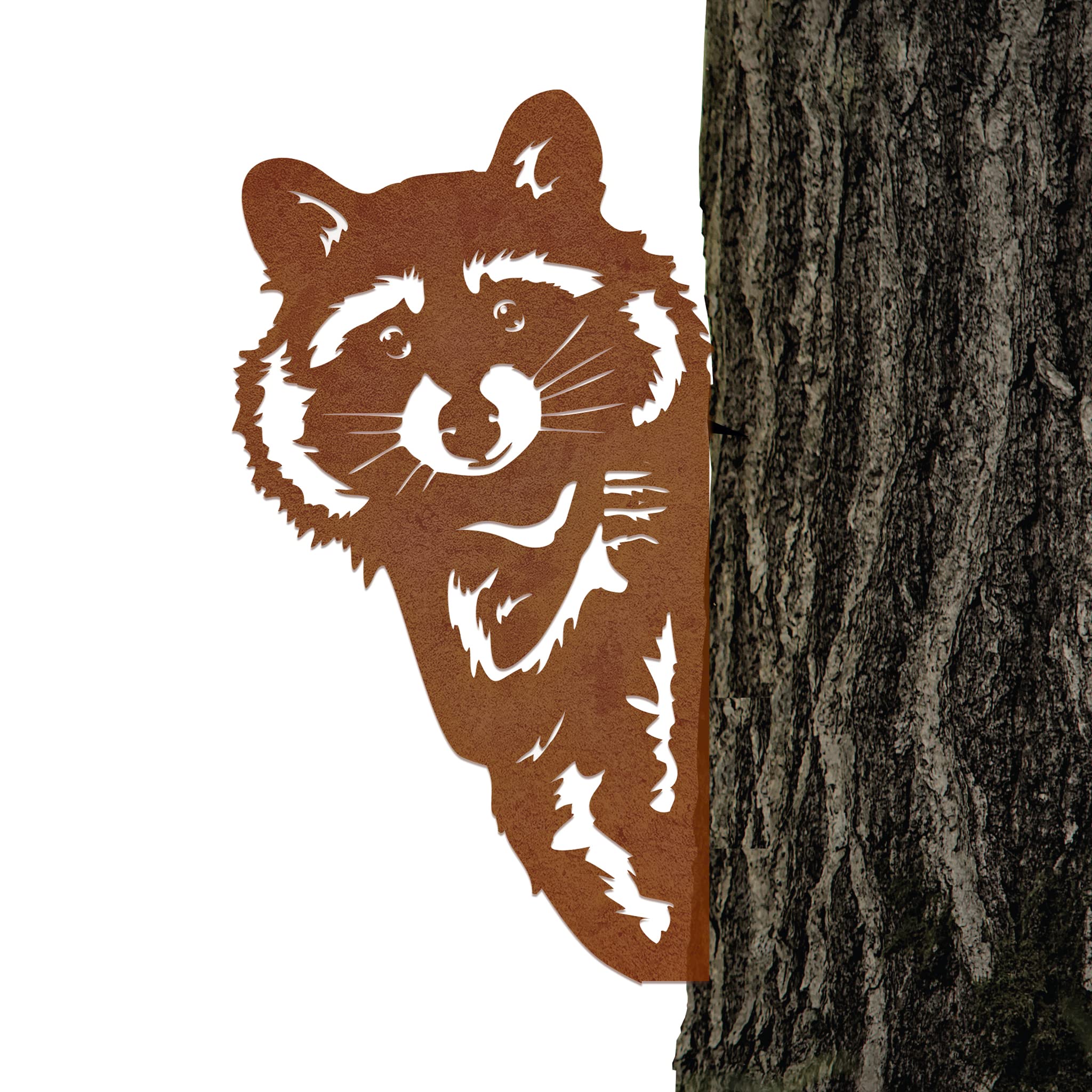 Steelmonks Rustic Raccoon Tree Stake - Outdoor Garden Decoration made of genuine Corten steel. Beautiful garden ornament, unique and durable.