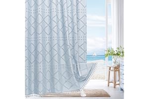Craidlela Boho Fog Blue Woven Fabric Shower Curtain with Tassel 72 x 72, Bohemia Tufted Chevron Striped Chic Textured, Blue Waterproof Modern Farmhouse Minimalist Curtain for Bathroom, Hotel Decor
